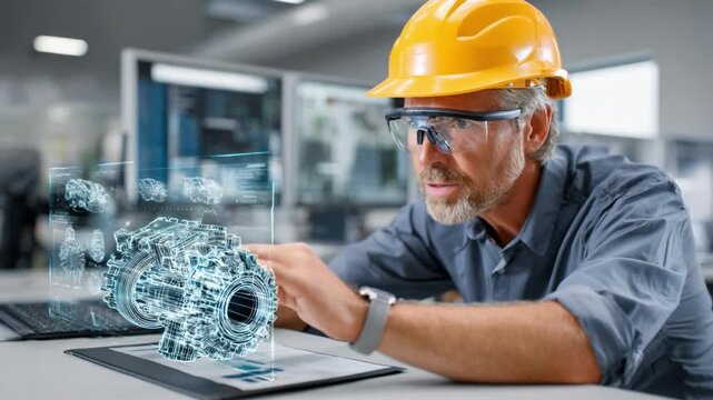 The Engineer's Augmented Reality Vision: A focused engineer wearing a yellow hardhat and safety glasses, meticulously examines a holographic projection of an engine component, a futuristic scene.