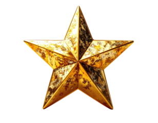 A metallic, golden, five-pointed star on a transparent background
