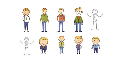Naklejka premium Group of Hand-Drawn Professional Men in Suits with Different Emotional Poses on Isolated White Background