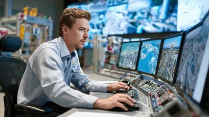 Focused Surveillance: A concentrated individual diligently monitors multiple screens, demonstrating expertise in surveillance technology.