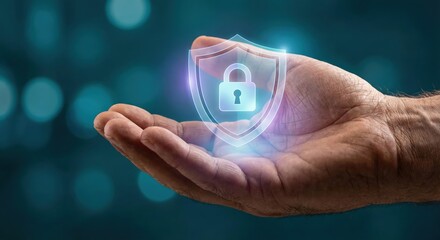 Adult White man holding a glowing holographic cybersecurity shield and padlock icon indoors at night for data protection and privacy in a dark office setting, secure digital concept.
