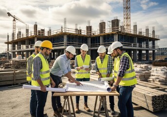 Construction team members review blueprints and digital plans at an active building site