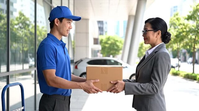 Swift Delivery: A cheerful courier delivers a parcel to a pleased recipient, capturing the essence of efficient service and customer satisfaction.