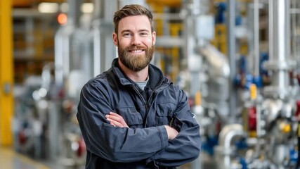 Engineering Confidence: A smiling engineer, his beard a testament to wisdom, stands arms crossed amidst the complex machinery, embodying experience and skill.