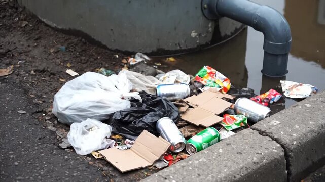 Urban Decay: Piles of Trash & Polluted Water Around a Drain