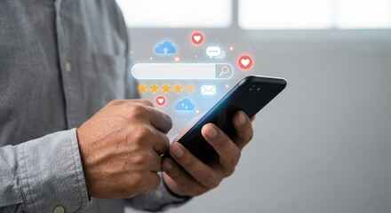 Adult Southeast Asian man using smartphone with floating digital search bar and social media marketing icons indoors, conceptual image of user experience and internet engagement in a modern office.