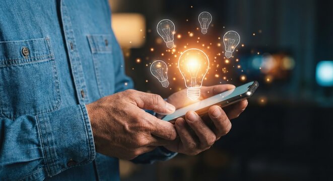 Close up of an adult man in a blue denim shirt holding a smartphone with glowing lightbulb icons, concept of innovation and creative thinking indoors for digital business solutions. - Powered by Adobe