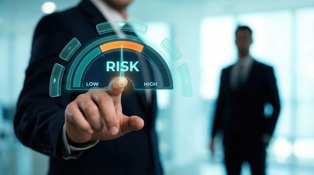 Professional adult man in a dark suit analyzing financial risk indoors, touching a glowing digital assessment gauge meter to manage business strategy and security concepts. - Powered by Adobe