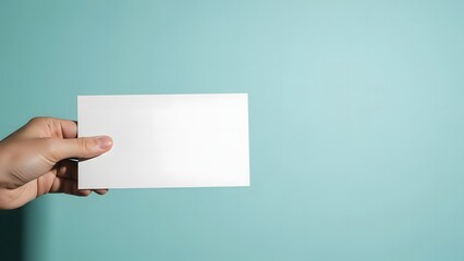 Obraz premium A hand holding a blank white piece of paper against a blue background