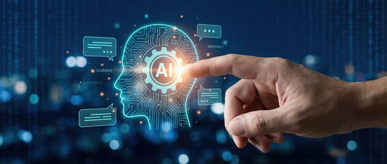 Adult man interacting with a glowing digital artificial intelligence hologram interface in a dark modern office at night, showing concept of AI innovation, automation and machine learning technology.