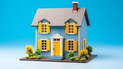 Charming miniature blue house with yellow shutters and door on brown base