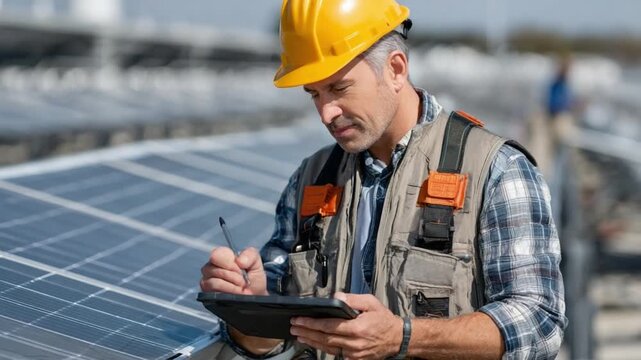 Solar Panel Inspector: An experienced worker, equipped with a tablet and pen, conducts a thorough examination of solar panels under a clear sky.