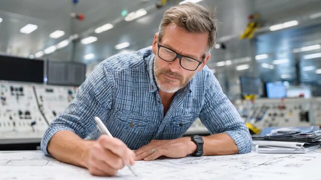 Engineering Precision: A focused engineer, glasses perched perfectly, meticulously analyzes technical blueprints within an industrial setting. Capturing the essence of expertise and dedication.