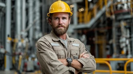 Industrial Professional: A skilled industrial worker, donned in a hard hat and work attire, stands confidently with arms crossed against a backdrop of complex machinery.