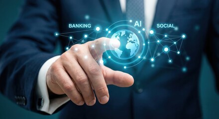 Close up of an adult white man businessman in a suit indoors touching a glowing blue holographic digital interface with icons for global connectivity and AI technology