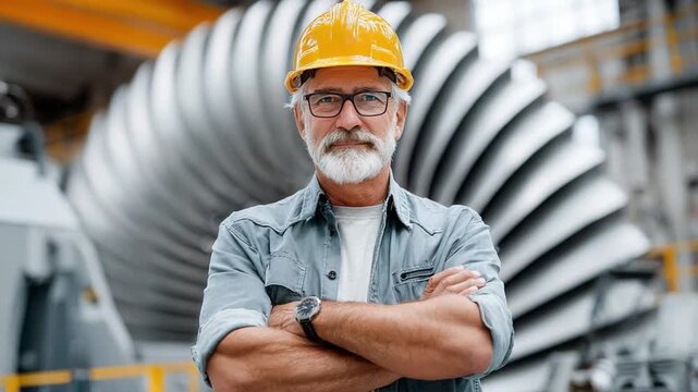 Industrial Integrity: An experienced engineer, donning a safety helmet and spectacles, stands confidently in a factory setting, with the intricate machinery behind them.