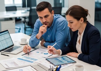 Business professionals collaborate closely while analyzing financial reports and digital data at a modern office desk