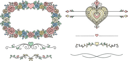 Romantic floral frame and heart ornament set illustration, elegant botanical wreath borders and dividers, pastel wedding Valentine design
