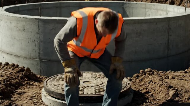 Tired Construction Worker Rests on Job Site After Hard Work