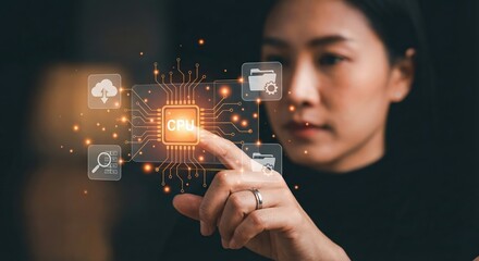Asian woman adult specialist interacting with futuristic cloud computing digital network and AI processor icon in dark indoor office, innovation and big data technology concept.