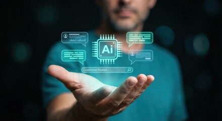 Adult Man Interacting with a Glowing Holographic Artificial Intelligence Interface and Chat AI Command Prompt, Futuristic Digital Technology Concept for Innovation and Communication