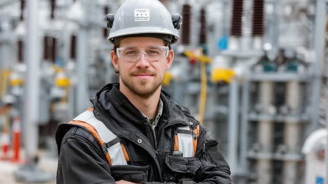 Focused Engineer in Construction: A focused engineer, adorned in essential safety gear, stands confidently amidst an industrial construction site.