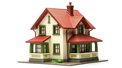Charming miniature house model with red roof and green trim on display