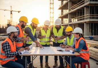 Construction team members review blueprints and plans on site during sunset