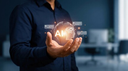 South Asian adult man in a navy shirt holding a glowing digital AI interface globe with speech bubbles for global communication in a modern office, conceptual artificial intelligence technology.