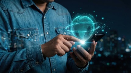 Southeast Asian adult man in a blue denim shirt using a smartphone with a glowing 5G holographic globe interface over a night city background, representing global connectivity and high-speed internet.