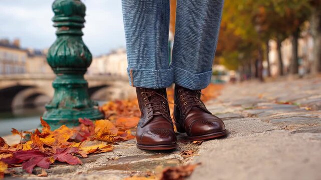 Line dancing in boots and jeans on wooden floor concept. Stylish brown boots and denim pants on a cobblestone path surrounded by autumn foliage.
