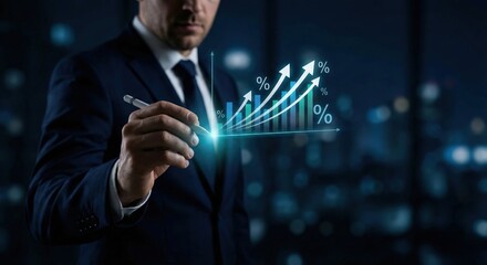 Professional adult man in a navy suit drawing a glowing digital financial growth chart with an upward arrow and percentage sign using a stylus, business success and data analysis concept