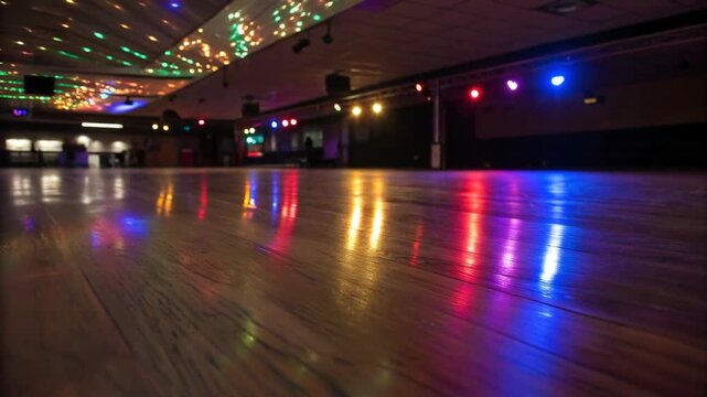 Line dancing in boots and jeans on wooden floor concept. Colorful lights illuminate a dance floor for lively gatherings.