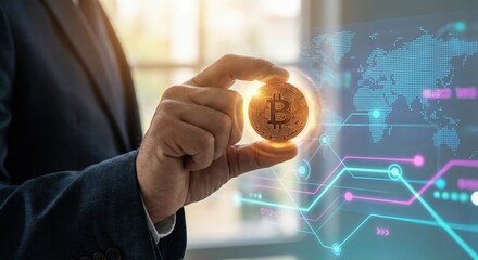 Professional adult man in a business suit holding a physical Bitcoin coin against a digital background with glowing network nodes and data graphs, representing cryptocurrency investment and fintech.