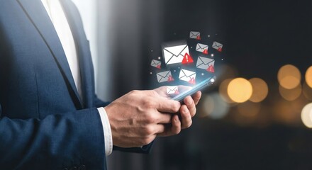 Adult Asian businessman using smartphone indoors at night, receiving multiple phishing email alerts with red warning icons, concept of cyber security and data protection, anxious mood.
