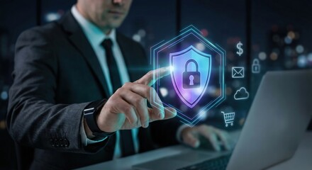 Asian Businessman Using Futuristic Cybersecurity Interface for Digital Data Protection and Network Safety, Secure Cloud Computing Technology with Holographic Padlock Icon in Dark Office at Night