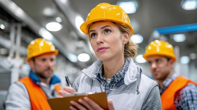 Production Line Assessment: A focused female engineer, clad in a safety helmet, conducts a quality assessment, overseeing operations amidst a team of supportive colleagues.