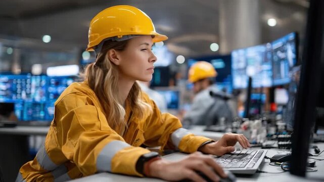 Female Engineer in the Control Room: A determined female engineer, clad in a protective hardhat and uniform, meticulously monitors technical data on computer screens within a bustling control room.