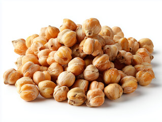 AI-generated image - A close-up view of a pile of raw, uncooked mottled or speckled chickpeas (likely a variant of the desi type), isolated on a white background. 