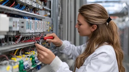 Precision and Expertise: A skilled technician, engrossed in meticulous work on a complex electrical panel, embodying focus and expertise.