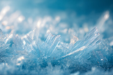 Delicate blue ice crystal formations up close, shimmering frost shards and translucent winter textures captured in macro for cold-themed backgrounds