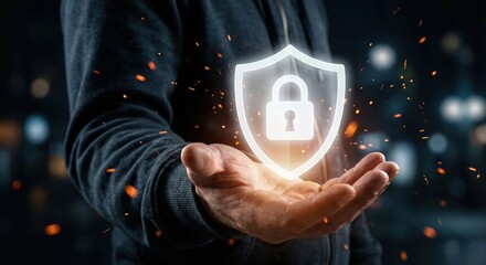 Close-up of an adult man wearing a dark hoodie holding a glowing white digital shield and padlock icon, representing cybersecurity and data protection in a dark indoor setting.