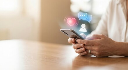 Close-up of an adult woman's hands using a smartphone indoors at a wooden table with glowing social media icons floating above the screen, digital communication and networking concept.