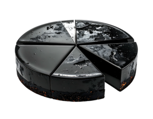 Abstract 3D pie chart, glossy black, segmented, isolated on black