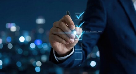 Businessman using a stylus to complete a digital checklist on a glowing holographic interface, symbolizing business progress and successful task completion in a dark technological environment.