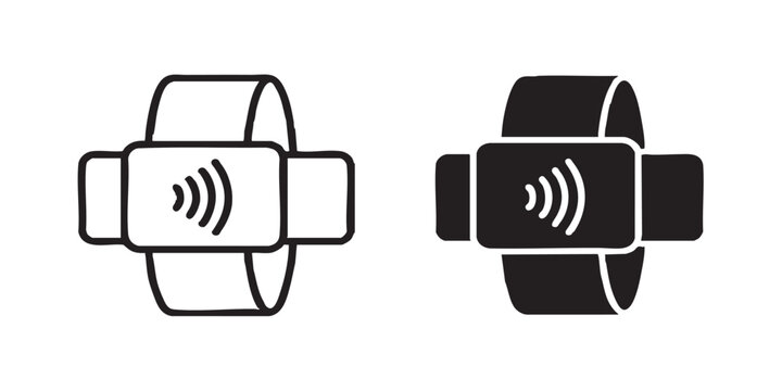 Cashless payment wristband vector icon, RFID technology and contactless payment symbol, outline and filled style, clean black line and solid design, minimal flat icon, isolated on transparent backgrou