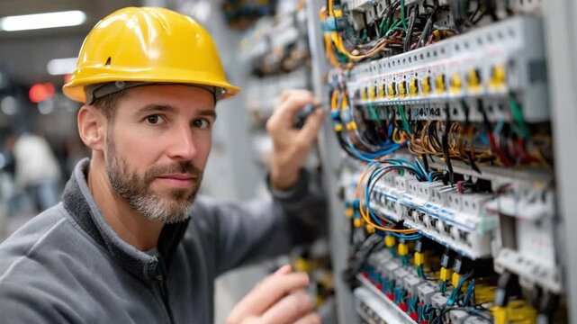 Electrician at Work: A skilled electrician, clad in a protective hard hat, diligently inspects a complex electrical panel, embodying expertise and precision.
