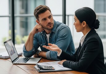 Business professionals discuss data presentation during a desk meeting with a portable computer displaying charts