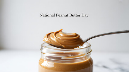 A spoonful of creamy peanut butter being lifted from a glass jar, celebrating National Peanut Butter Day