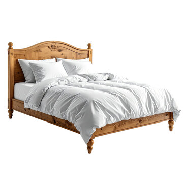 A light wood bed with white bedding, pillows, and a large duvet